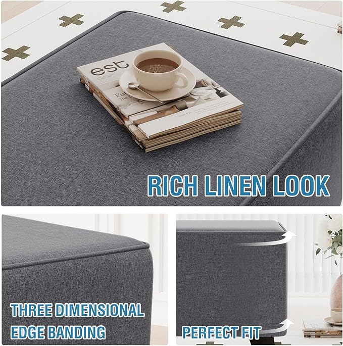 H.VERSAILTEX Ottoman Cover Slipcover Square Fit Length 24"-25" Footrest Sofa Slipcovers Stool Cover Footstool Protector Covers Feature Thick Durable Linen Look Fabric Removable Washable - Heather Grey