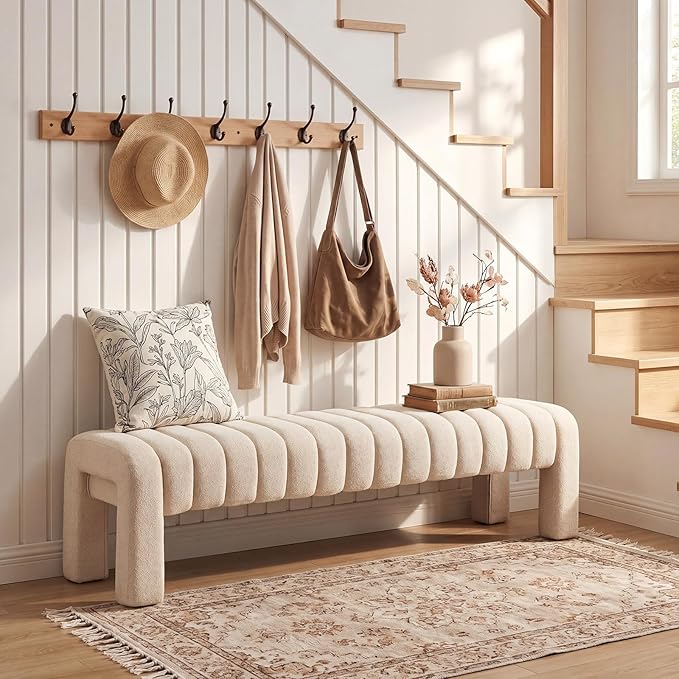 63’’ Bedroom Bench, Upholstered End of Bed Bench with Solid Wood Legs, Modern Cushioned Dining Bench with Full Covered Fabrics for Entryway, Bedroom, Living Room (Beige, Linen)