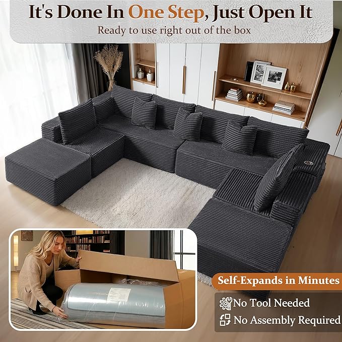 138" Cloud Sectional Couch, Comfort U Shaped Sofa for Living Room, Extra Deep Seats No Assembly, Minimalist Modular Couch, Corduroy (Dark Grey, 8 Seats,U-Shape A)