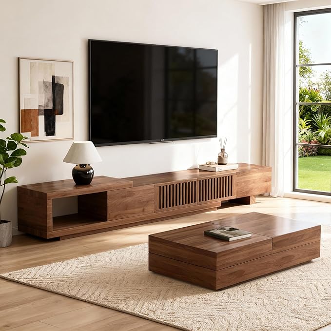 78.5"-105" Mid-Century Modern Extendable TV Stand, Walnut Media Console with 2 Drawers and 2 Cabinets, Fits TVs up to 100 Inches for Living Room or Bedroom