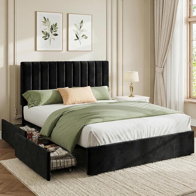 Welzona Velvet Bed Frame Queen Size with 4 Storage Drawer, Fully Upholstered Metal Platform Bed Frame with Vertical Channel Tufted Headboard, 3 Level Height, Easy Assembly, No Box Spring Needed, Black