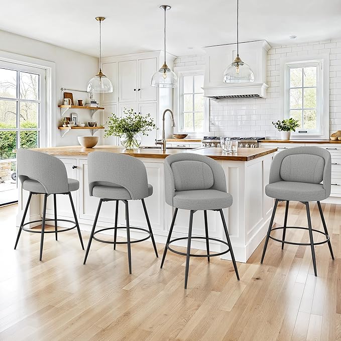 LUE BONA 26''H Swivel Bar Stools Set of 4, Counter Height Bar Stools with Backs, Lumbar Pillow and Black Metal Frames, Upholstered Modern Barstools for Kitchen Island, Linen Farbic, Gray