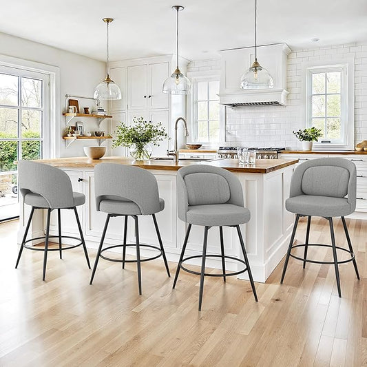 LUE BONA 26''H Swivel Bar Stools Set of 4, Counter Height Bar Stools with Backs, Lumbar Pillow and Black Metal Frames, Upholstered Modern Barstools for Kitchen Island, Linen Farbic, Gray