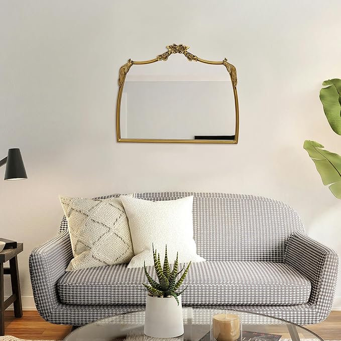 Gold Baroque Mirror Antique 19x24 Inches - Vintage Arched Mirror with Ornate Gold Frame for Entryway, Narrow Hallway & Bathroom Wall Decor