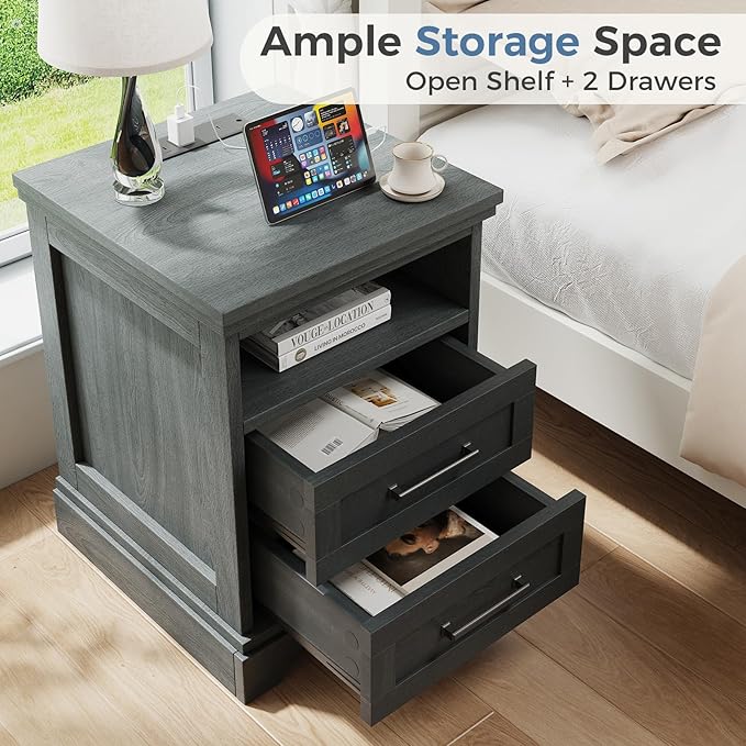 DUMOS Nightstand with Charging Station, Wood Farmhouse Bedside Table with 2 Drawers and Open Shelf, Wood End Table, Modern Side Table for Bedroom, Black