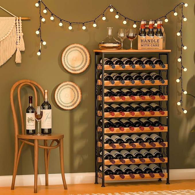 Sonyabecca 48 Bottle Wine Rack Freestanding Floor with Wood Top,8-Tier Wine Storage Shelf with Serving Station, Wine Holder for Kitchen, Bar, Dining Room, Home Bar Cabinet for Wine Bottles, No Wobble