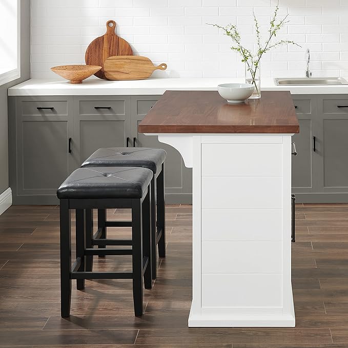 Crosley Furniture Bartlett Kitchen Island with Wood Top and Upholstered Square Stools, White/Black