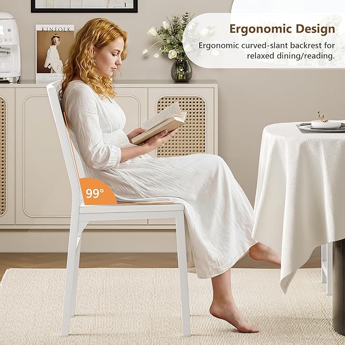 Feonase Dining Chairs and Benches Set of 4, Modern Dining Room Chairs with Ergonomic Backrest, Wood Structure & Metal Legs, for Kitchen, Dining Room, Space-Saving, Easy to Assemble & Clean, White