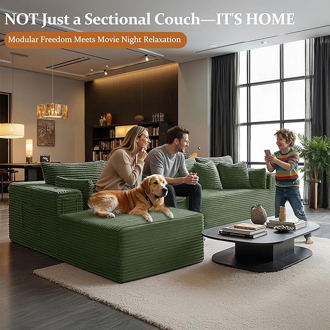 138" Cloud Sectional Couch, Comfort L Shaped Boneless Couch for Living Room, Extra Deep Seats No Assembly, Minimalist Modular Sofa, Corduroy (Olive Green, 3 Seater+Right Facing Chaise)