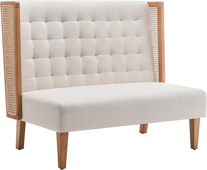 Andeworld Loveseat Settee Bench with Rattan Arms, Upholstered Modern Mini High-Back Sofa Couch,Banquette Dining Bench for Living Dining Room Bedroom Office Small Space Entryway，Beige