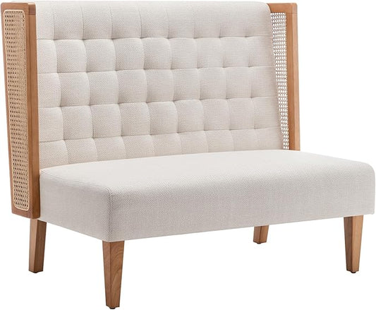 Andeworld Loveseat Settee Bench with Rattan Arms, Upholstered Modern Mini High-Back Sofa Couch,Banquette Dining Bench for Living Dining Room Bedroom Office Small Space Entryway，Beige