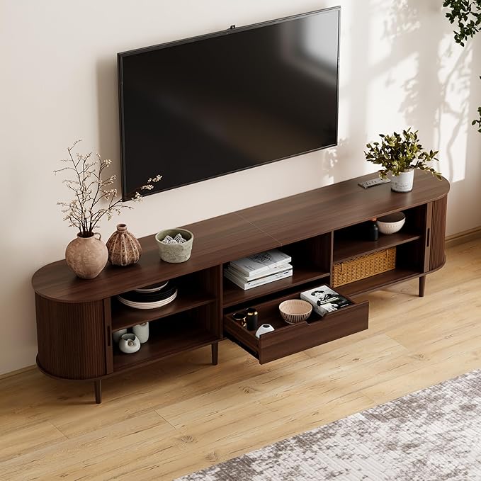 DHH 86.6" Fluted TV Stand with Power Outlet for TVs up to 90", TV Console with Adjustable Shelves and Sliding Door,Mid Century Modern Entertainment Center for Living Room,Bedroom (Walnut, 86.6Inch)
