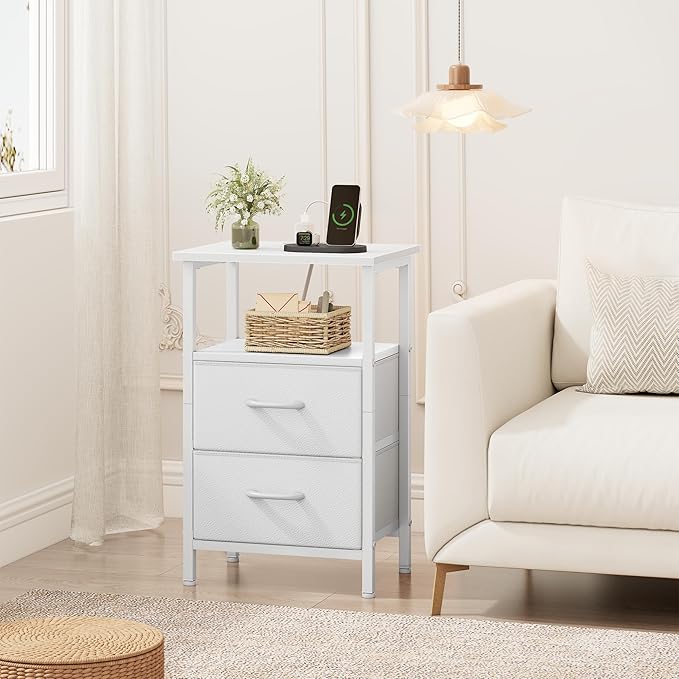 Vagusicc Nightstand with Charging Station, End Table with Fabric Drawers, Side Tables with Storage Shelf, 24.2" Tall Bedside Table with USB Ports & Outlets, Night Stand for Bedroom, White
