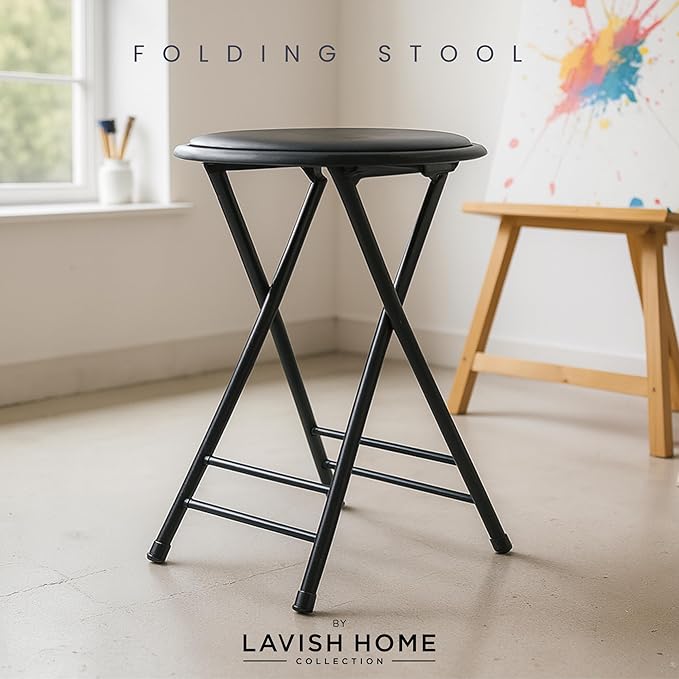 Lavish Home Folding Stool - Backless 24-Inch Stool with 225lb Capacity for Kitchen or Rec Room - Portable Indoor Counter Bar Stools (Black)