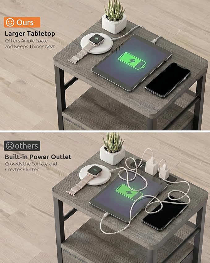 Lazzanto Nightstands Set of 2 with Charging Station, Bedside Tables with Open Shelf & Hooks, End Tables with USB-C USB-A Ports AC Outlets, Night Stand for Bedroom with Fabric Drawer, Grey