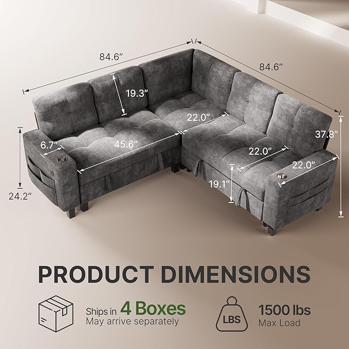 Marsail 84.6" Sectional Sleeper Sofa with Pull Out Bed, 5 Seat Modular Sectional Couch with Storage, USB & Cup Holders, Modern Chenille Cloud Sofa for Living Room, Light Gray