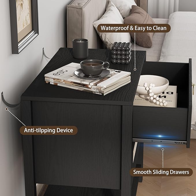 Xixini Nightstand Set of 2, Rattan Boho Bedside Table with 2 Drawers, Open Shelf & Brass Knobs, Small Mid Century Modern Night Stand, Wooden End Side Table for Bedroom, Living Room, Closet, Black
