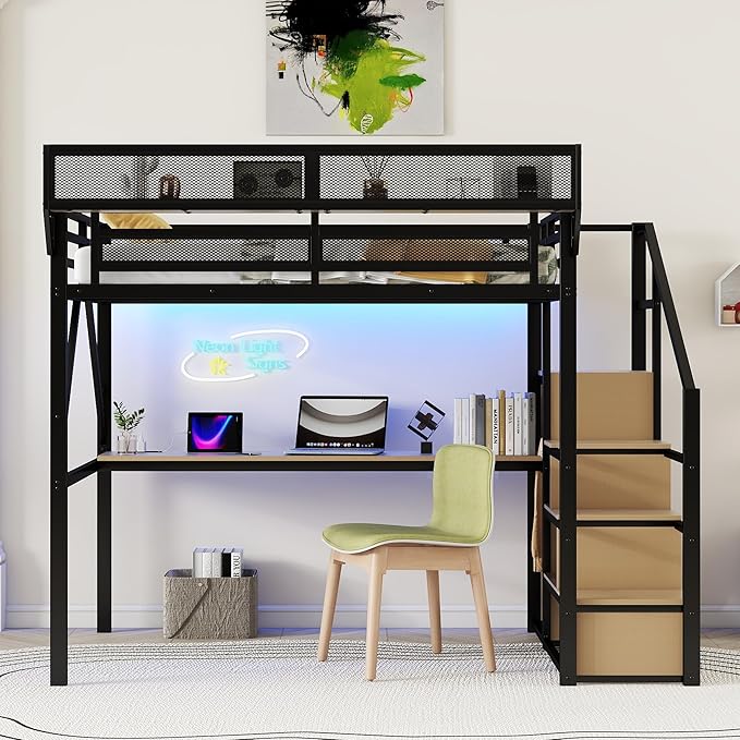 KEIKI Full Size Metal Loft Bed Frame with Desk, Staircase, Built-in Storage Shelves and Wardrobe, Modern Loft Bed with Solid Slats, Guardrail, No Box Spring Required, Easy Assembly, for Bedroom, Black