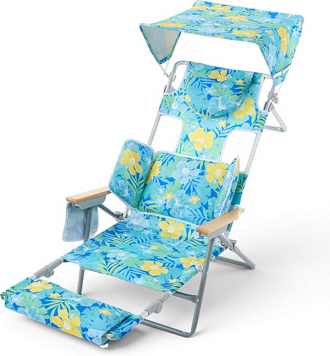 5-Positon Backpack Beach Chair, Portable Folding Tanning Chair, Double Shoulder Straps Beach Lounge Chair with Footrest, Face Hole, Towel Bar for Camping (Yellow Green, 60.6" with Canopy)