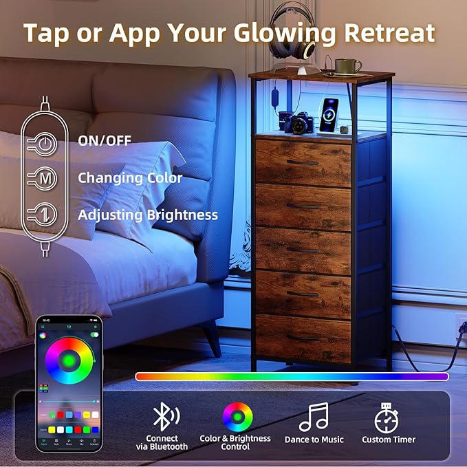 Somdot Tall Nightstand with Charging Station and LED Light for Bedroom, 5 Drawers Dresser with Fabric Bins for Bedside Kids Dorm Room Closet Laundry Entryway, Wood Grain Print