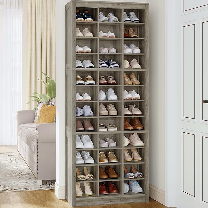 Hzuaneri Shoe Storage Cabinet, 36 Pairs Free Standing Closet Organizer, 8.8 inch Widened Cell Wood Shoe Organizer, 12 Tiers Vertical Space Saving Shoe Rack for Entryway, Cloakroom, Greige SR20705B