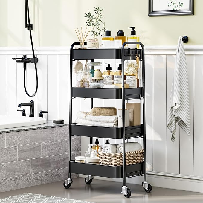 TOOLF 4-Tier Rolling Cart - Metal Storage Organizer with Lockable Wheels, 44 lbs Per Shelf Capacity, Tool-Free Assembly, for Kitchen Bathroom Office Laundry Room Nursery, Black