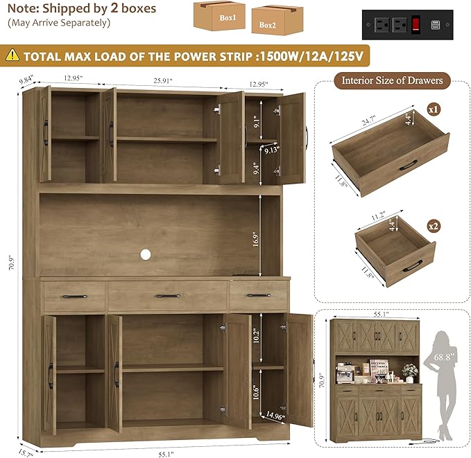 HOSTACK 71" Tall Pantry Cabinet with Charging Station, 55" Wide Kitchen Pantry Storage Cabinet with Countertop, Large Kitchen Hutch with Storage and Microwave Stand for Dining Room, Rustic Brown