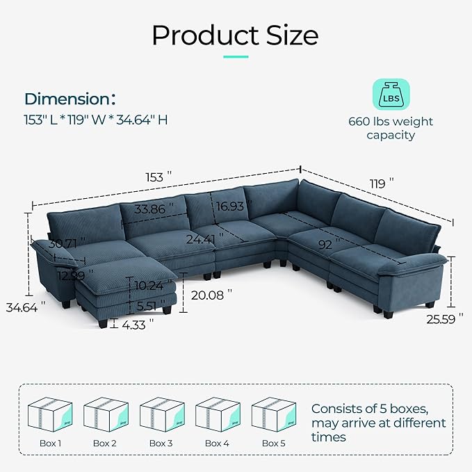 LINSY HOME Modular Sectional Sofa, 6-Seat Corduroy Modern Cloud Couch with Deep Seat & 1 Movable Ottoman, Perfect for Living Room, Office, Bedroom, Blue