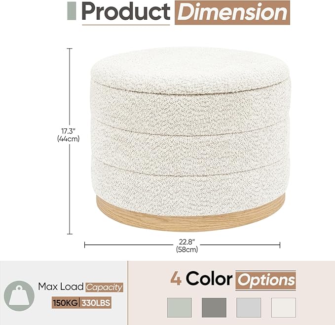 Round Storage Ottoman with Tray Lid, Folding Chenille Fabric Footrest with Hidden Storage, 22.8" Large Footstool Side Table for Dorm Living Room Bedroom, Wood Grain Base, Cream White