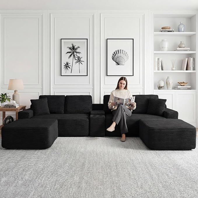 125 Inch Modular Sectional Sofa, Modern Oversized Corduroy Cloud Couch with 2 Ottomans, Cup Holders and USB Ports, U Shape Couch Boneless Couches for Living Room, No Assembly Required, Black