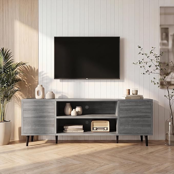 JUMMICO Mid-Century Modern TV Stand for 43-55 Inch TVs, 50 Inch Media Console with Storage, Entertainment Center with Push-Open Cabinets and Cable Management for Living Room (Grey, 50 Inches)