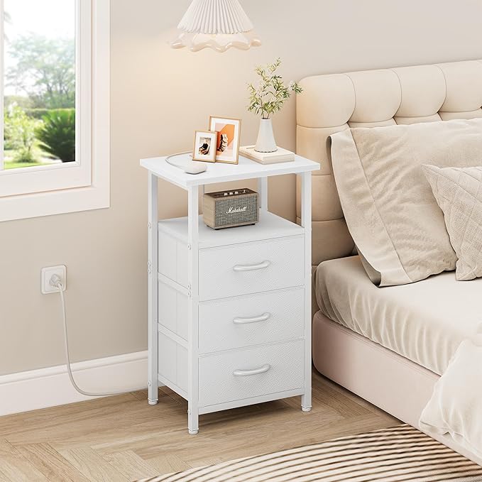 Vagusicc Nightstand Set of 2 with Charging Station, Bedside Table with USB Ports and Outlet, End Table Side Table with 2 Fabric Drawers and Storage Shelf, Bed Side Table Night Stand for Bedroom, White