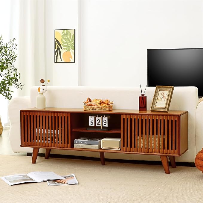 Bamboo TV Stand for TVs up to 65", Accent Entertainment Center with Storage, Media Console Table with Sliding Fence Door, Modern TV Stand for Living Room, Bedroom, 55"(L), Walnut