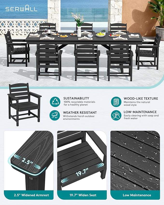 SERWALL 9 Piece Outdoor Dining Set, 84" HDPE Outdoor Table and Chairs for 8，All Weather Patio Dining Furniture Set with Umbrella Hole for Backyard, Garden, Black