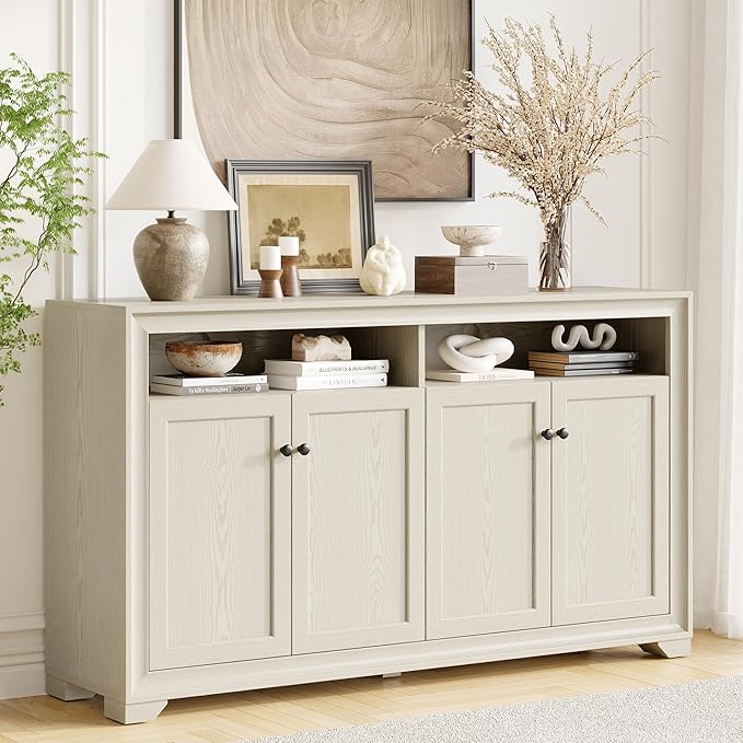ONBRILL 60 Inches Sideboard Buffet Cabinet with Storage, 4 Doors Large Sideboard, Kitchen Cabinet with Open Shelf & Adjustable Shelf, Kitchen Coffee Bar Console Table for Living Room, Hallway, White