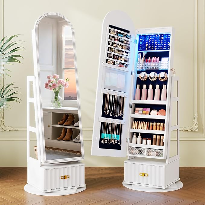 Vlsrka 6 LEDs Mirror Jewelry Cabinet, 360° Swivel Full Length Mirror with Storage, Lockable Jewelry Armoire Cabinet Standing, Large Drawers Jewelry Organizer Mirror, Gift Idea for Women, White