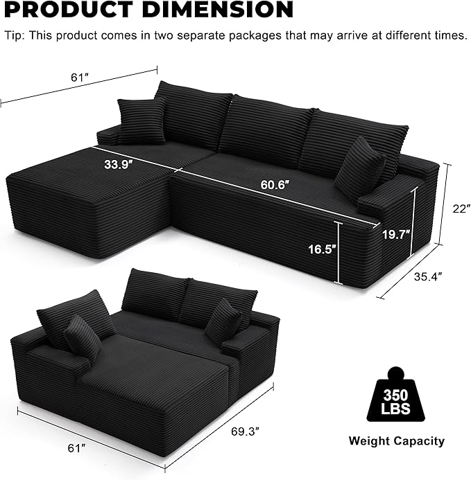 Mangodan Cloud Sectional Sofa, Boneless Couch for Living Room, Modular Sectional Sofa with Deep Seat, Fluffy Comfy Couch with L-Shaped Chaise, No Assembly Required, Black
