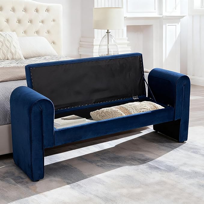 Storage Bench for Bedroom End of Bed, Velvet Upholstered Rolled Armed Button Tufted Sofa Stool Bench, Storage Ottoman Couch Long Bench with Solid Wood Legs (Navy-2)