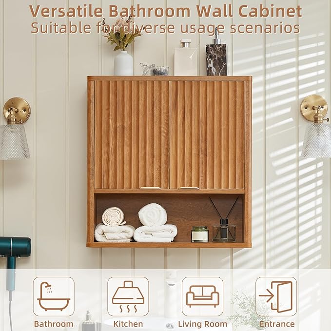 LEYAOYAO Fluted Bathroom Wall Cabinet, Wall-Mounted Medicine Cabinet with Adjustable Shelf and 2 Doors, Tea Brown Farmhouse Over the Toilet Storage Cabinets for Laundry Room, Kitchen, Living Room