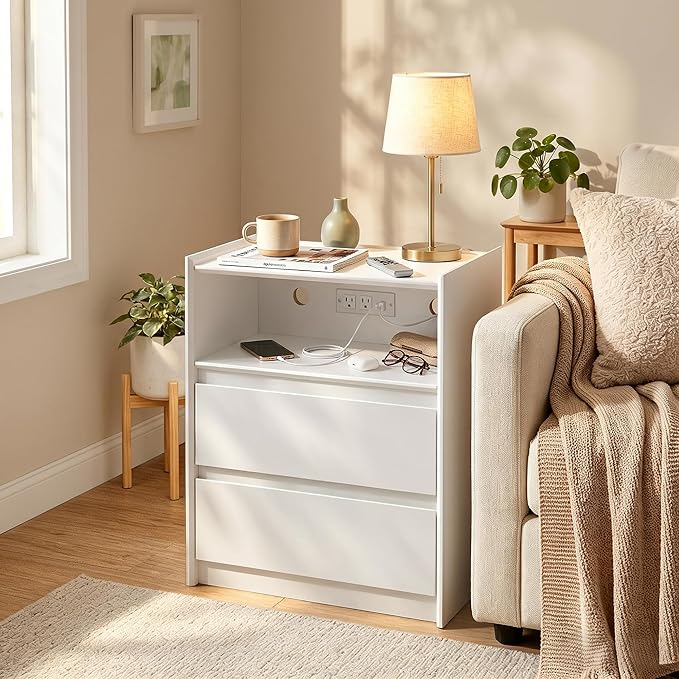24" Tall Nightstand with Charging Station Including USB-C, Modern Bedside Table and Sofa End Table - White, 2 Drawers, 1-Pack