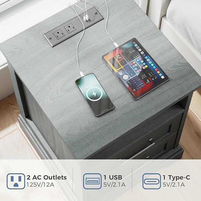 DUMOS Nightstand with Charging Station, Wood Farmhouse Bedside Table with 2 Drawers and Open Shelf, Wood End Table, Modern Side Table for Bedroom, Black