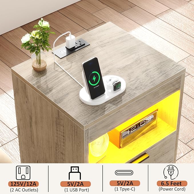 Gadroad LED Nightstand with Charging Station, Bedside Table with USB Ports & Power Outlets, Modern Night Stand with Drawers for Bedroom Small Spaces, Grey