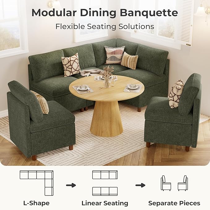 SITJOY Breakfast Nook Bench with Storage, Modular Corner Kitchen Banquette Seating, Dining Settee Couch, Upholstered Dining Bench with Back, Soft-to-Touch Fabric in Green, 6-Seat L Shaped Nook