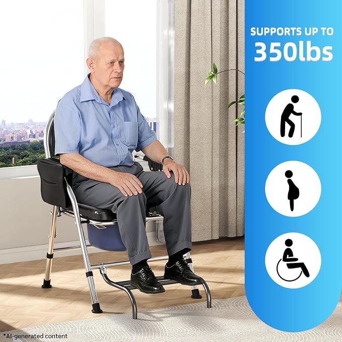 Folding Bedside Commode Chair for Elderly with Adjustable Height, Toilet Seat with Footrest and Soft PU Seat Cushion, Adults Potty Chair with Storage Cloth Bag for Seniors, Disabled (Black)