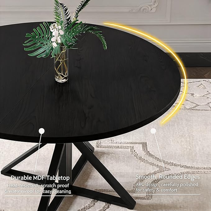 GarveeHome 47 Inch Round Dining Table for 4-6, Circle Kitchen Table with Pedestal Base, Farmhouse Wooden Dining Table for Small Spaces, Kitchen & Dining Room, Living Room-Black/Only Table