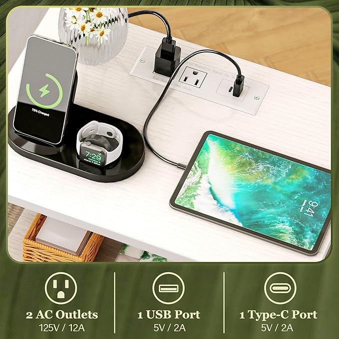 SUPERJARE Nightstand with Charging Station, Bed Side Table with Adjustable Fabric Drawer, Night Stand for Bedroom, 3-Tier Storage End Table, for Living Room, White