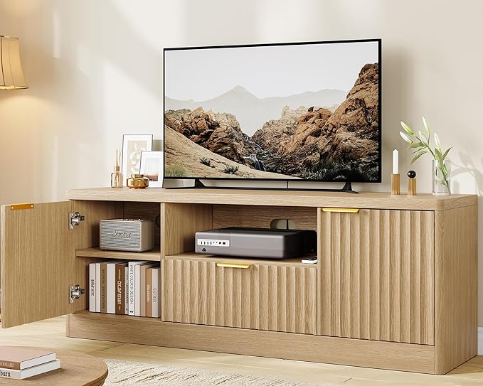 TEENFON 55" TV Stand for TVs Up to 60", Modern Fluted Entertainment Center with Drawer and Open Shelf, Media Console Table, TV Stands for Living Room, Nature Oak