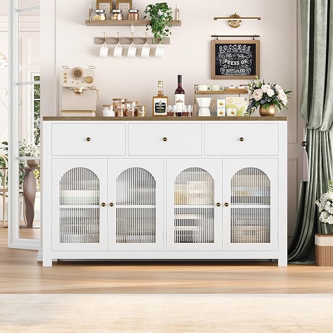 FINETONES Buffet Cabinet with Storage, 55.1" Large Sideboard Buffet Cabinet, Farmhouse Kitchen Cabinets with 3 Drawers and 4 Doors, Wood Coffee Bar for Kitchen Dining Room, White