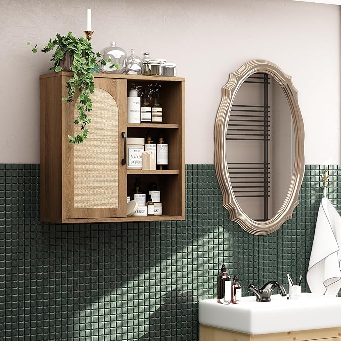 RUSTOWN Boho Rattan Wall Cabinet, Mid Century Bathroom Cabinet with Sliding Door, Adjustable Shelves, Over The Toilet Storage Cabinet (Rustic Oak)