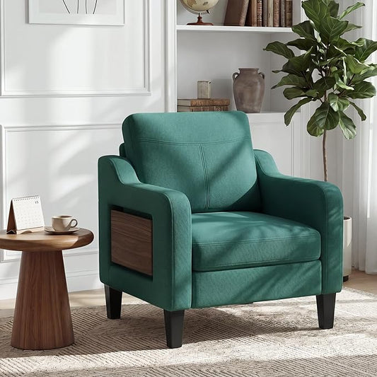 Accent Chair for Living Room, Mid-Century Upholstered Armchair with Foldable Table & 2 Side Pockets, Modern Linen Wooden Sofa Chair for Bedroom & Reading Room, Green